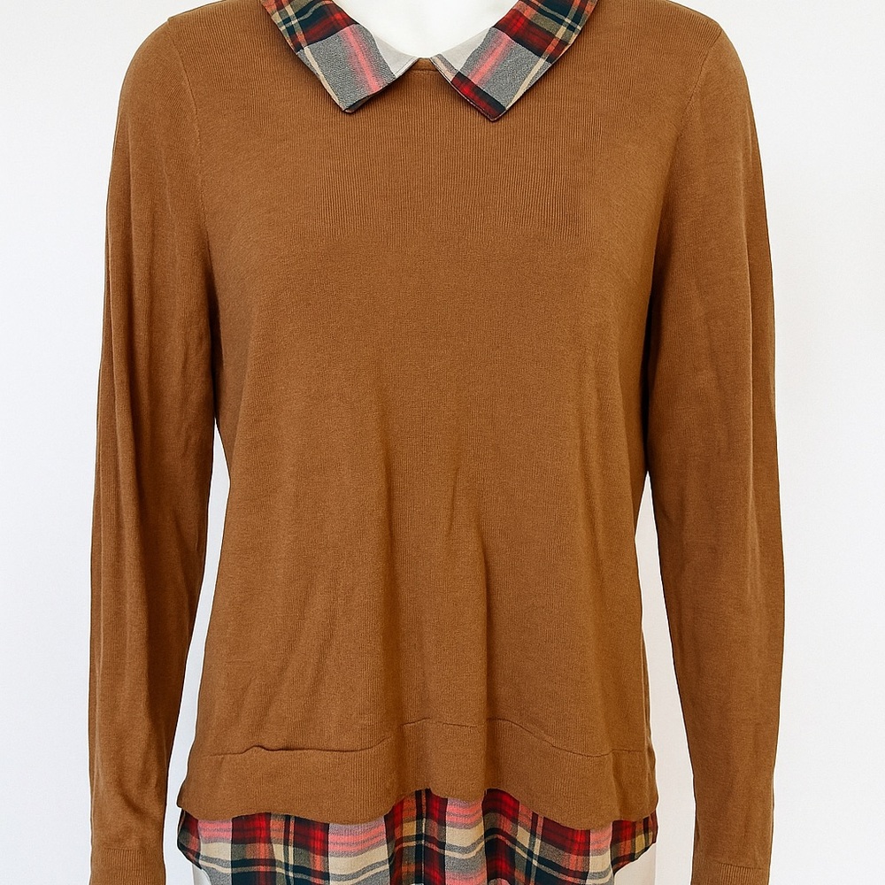 J. Crew Brown Top with Colorful Plaid Collar and Hem